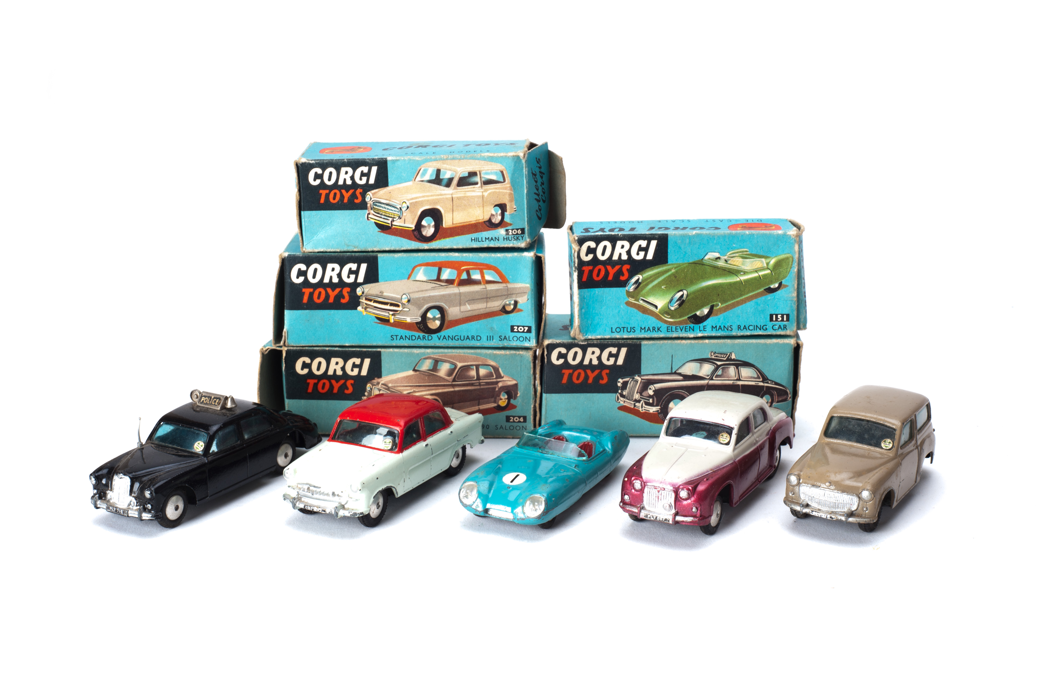 1950s Early 60s Corgi Toy Cars, 207 Standard Vanguard III, 204 Rover 90 Saloon, 151 Lotus XI Le