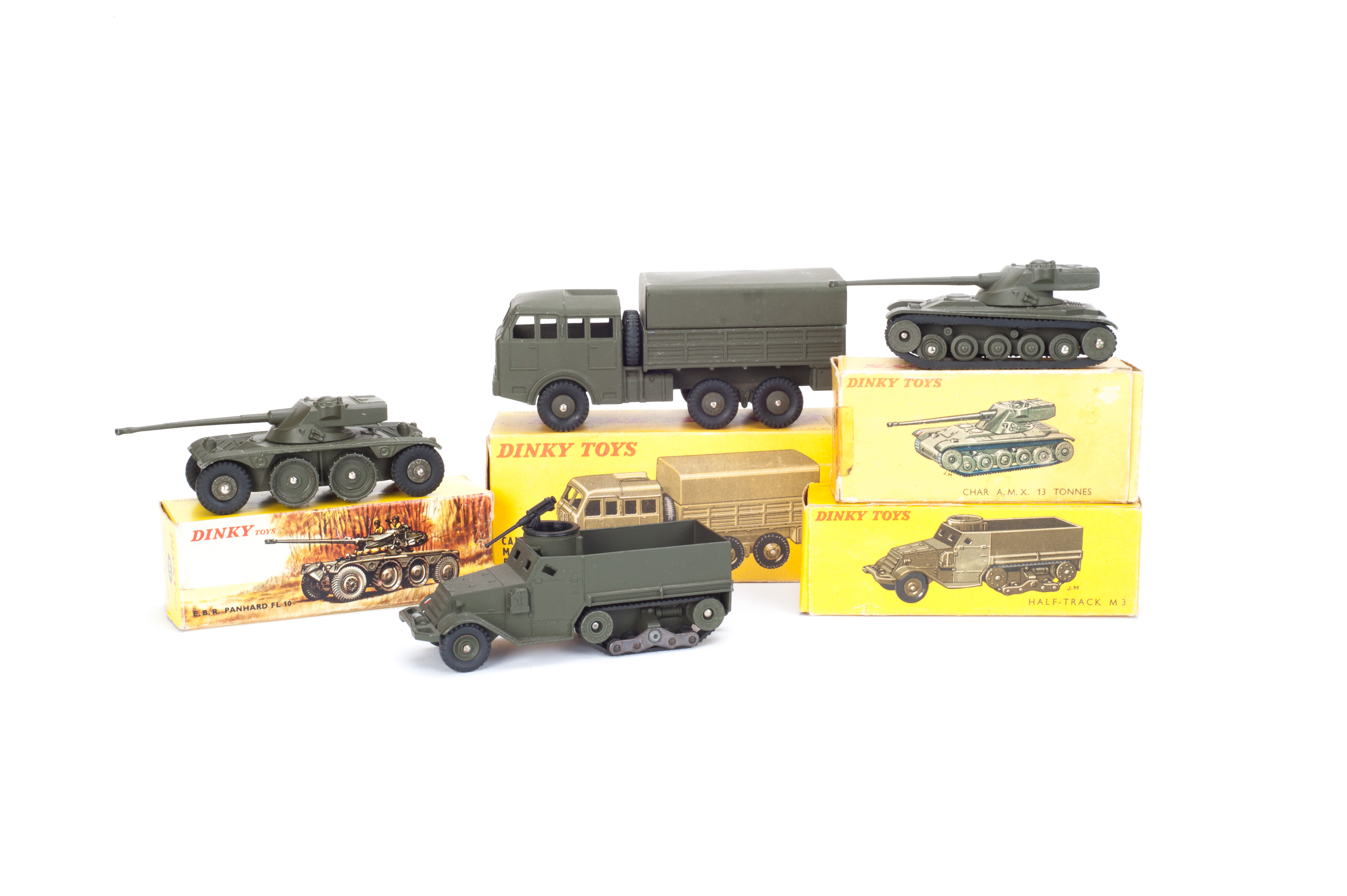 French Military Dinky Toys, 822 Half Track M3, 827 Panhard FL10, 80c Char AMX Tank and 80d Berliet