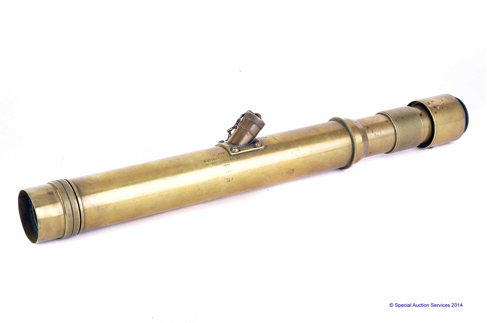 A W.Ottway & Co. Brass Scope, serial no. 2771, with three assay calibration markings, body, G,
