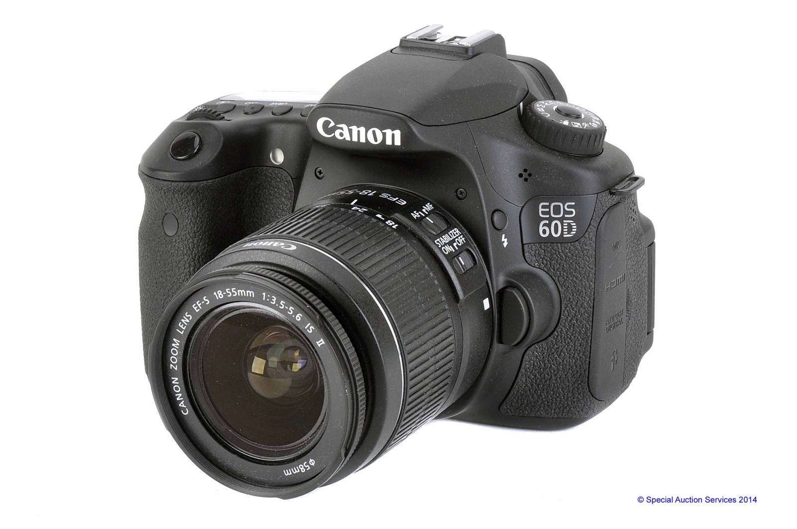 A Canon EOS 60D Camera, serial no. 2921409908, with EF-s IS II f/3.5-5.6 18-55mm lens, body, E,