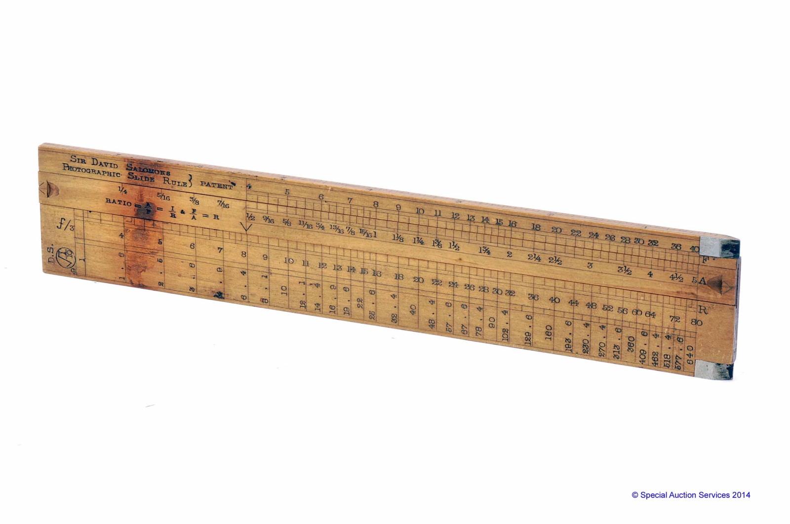 A Sir David Salomons boxwood Photographic Slide Rule, with brass fittings, G, some staining to top