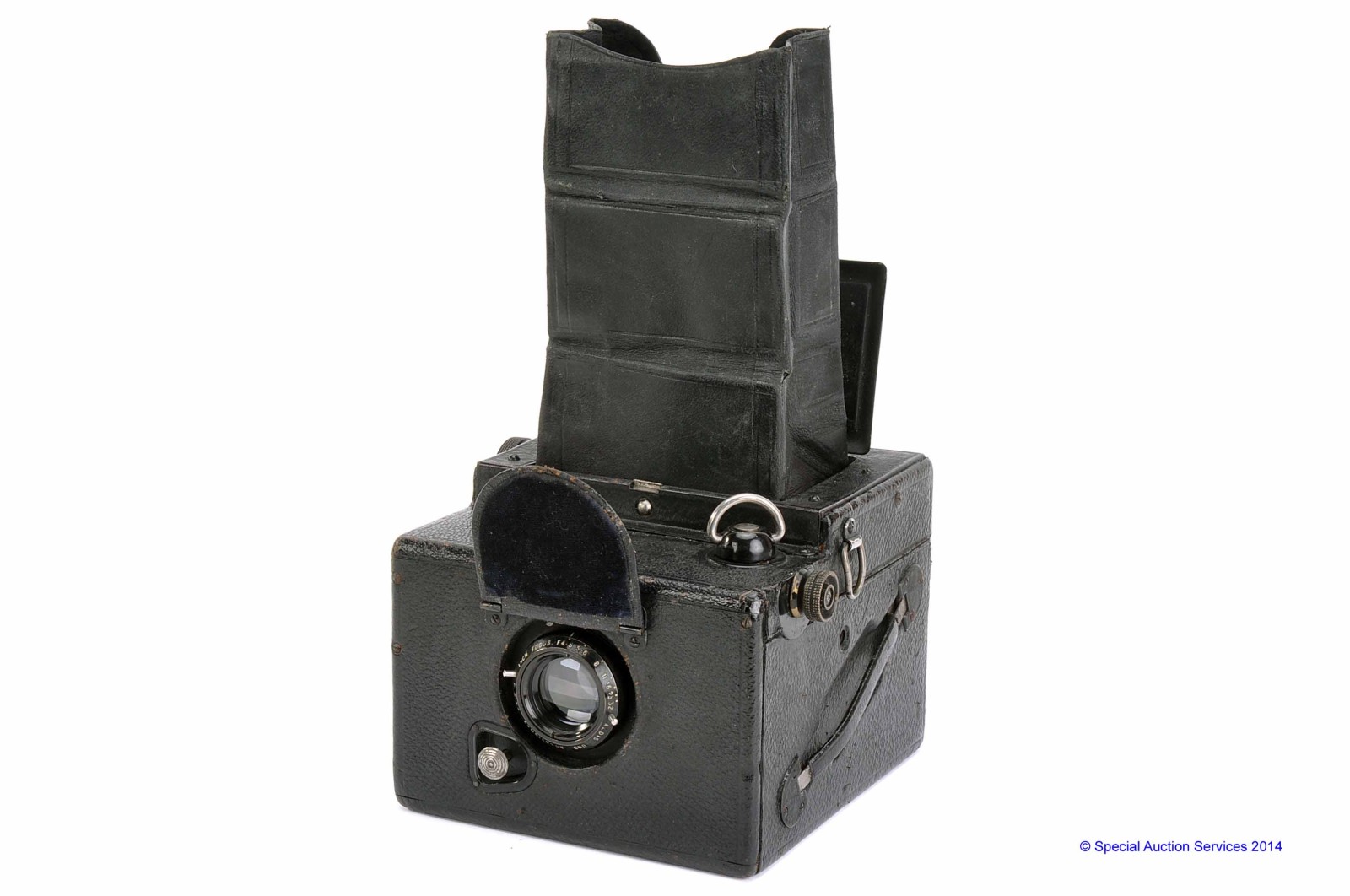 A Ensign Focal Plain Roll Film Reflex Camera, with Aldis Uno Anastigmat f/4.5 4" lens, body, G,