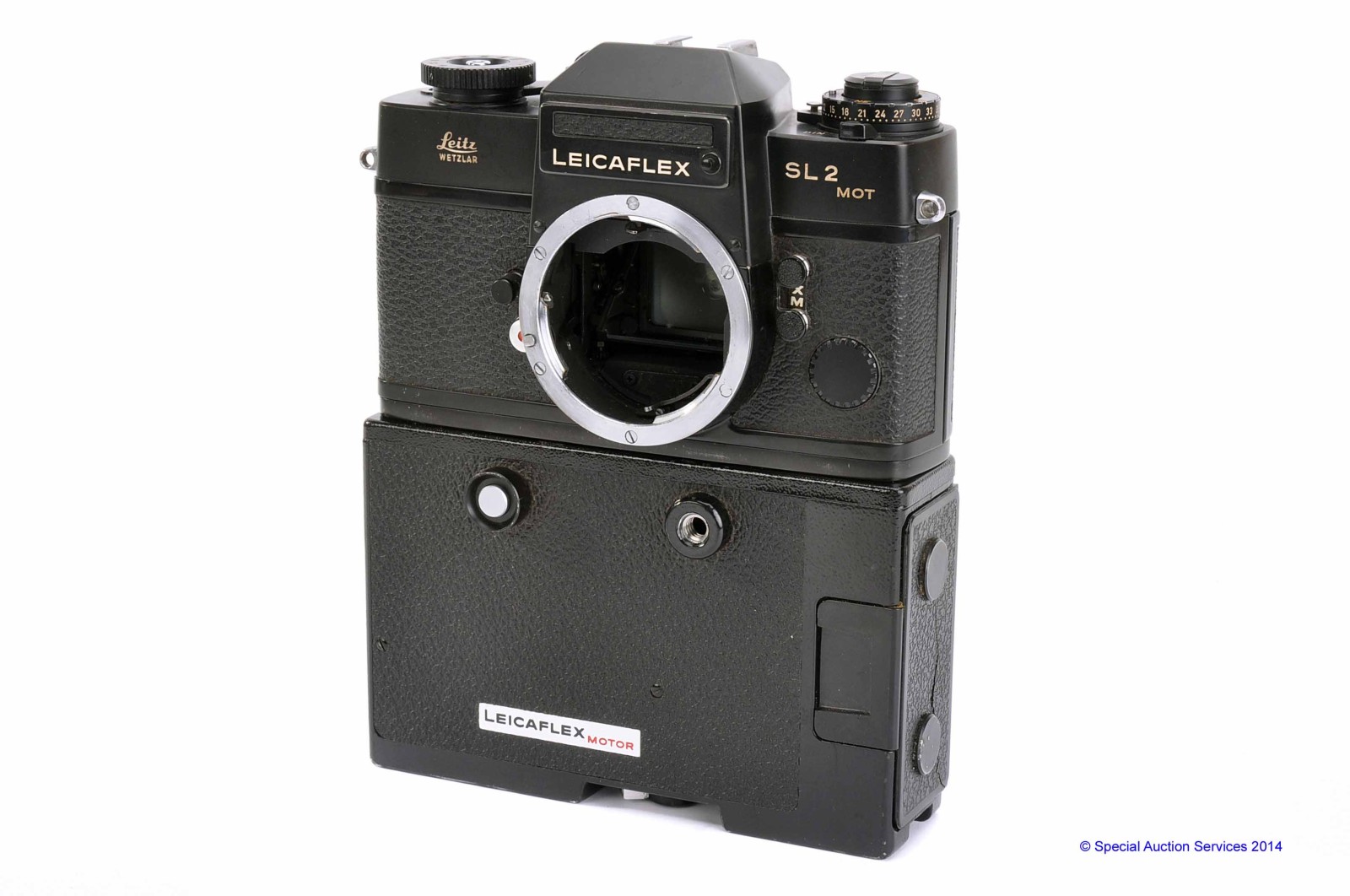 A Leicaflex SL 2 MOT Camera, black, serial no. 1445818, with Leicaflex Motor, body, G, shutter