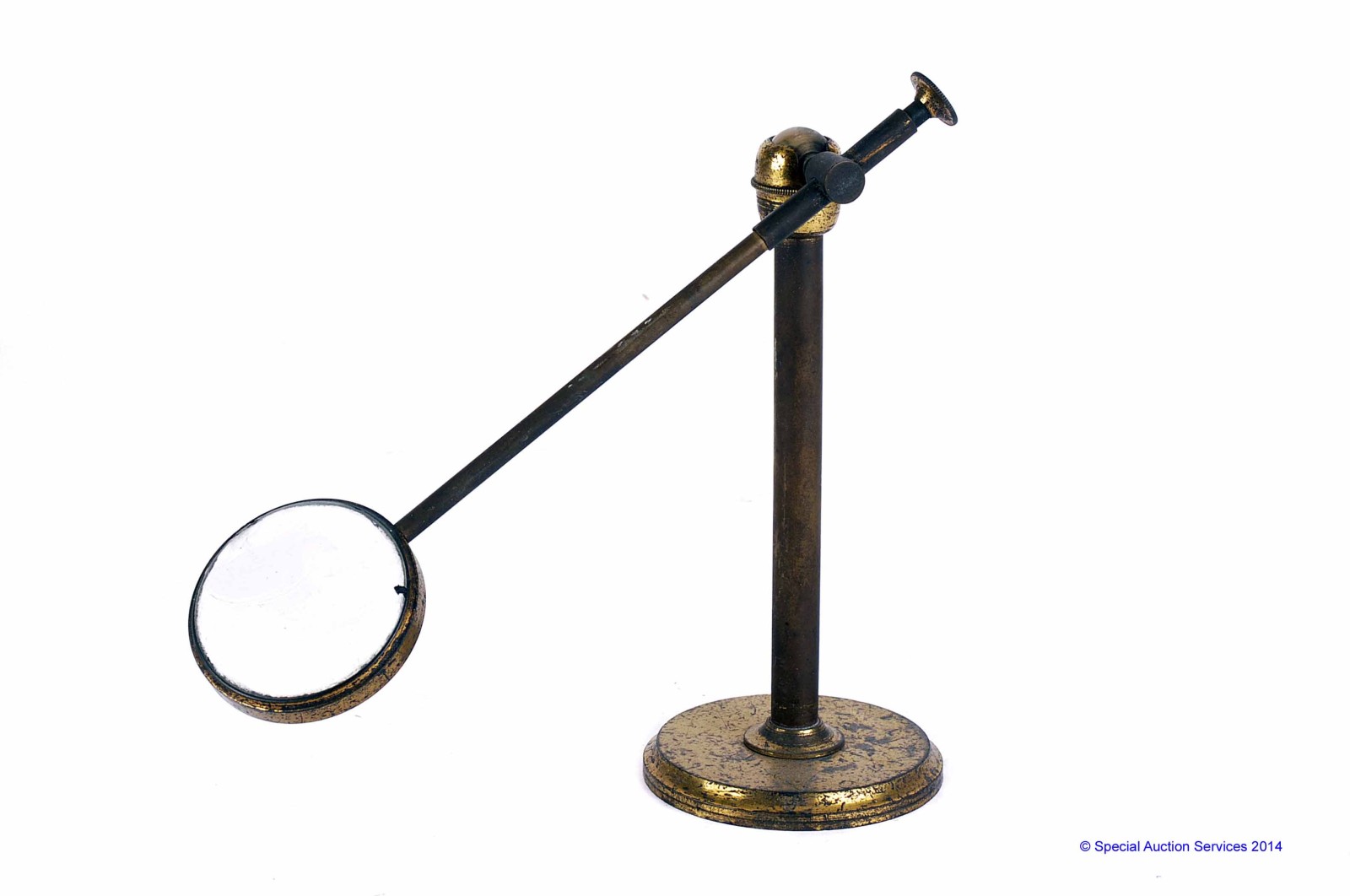 Various Items: lacquered brass bull`s eye condenser on circular stand, black crackle-finish