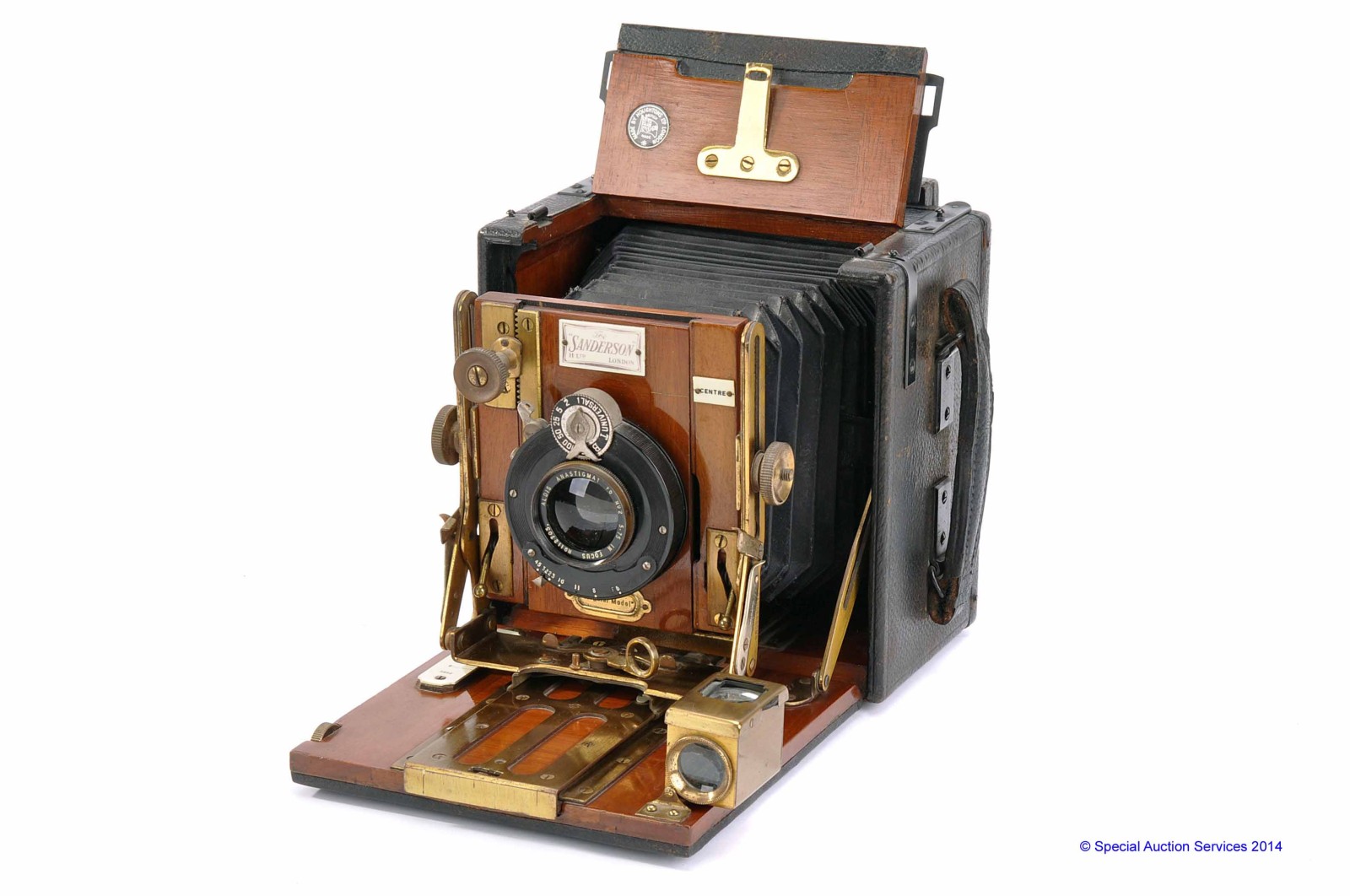 A Sanderson Hand Camera, with Aldis No.2 f/6 5.75" lens, body, G, catch not locking, lens, VG,