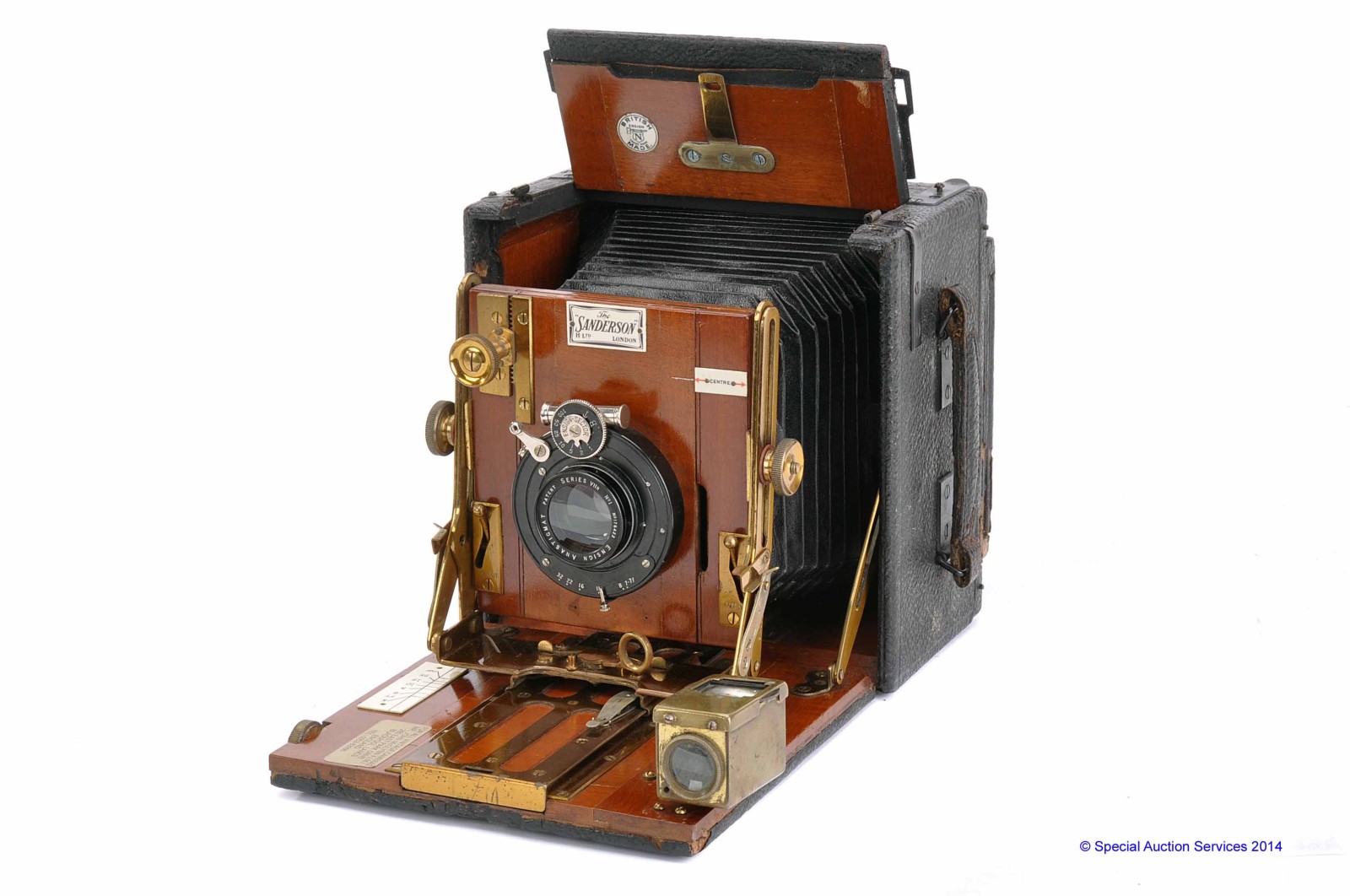 A Sanderson Hand Camera, with Ensign Anastigmat Series VIIn No. 1 lens, body, F-G, damage to waist