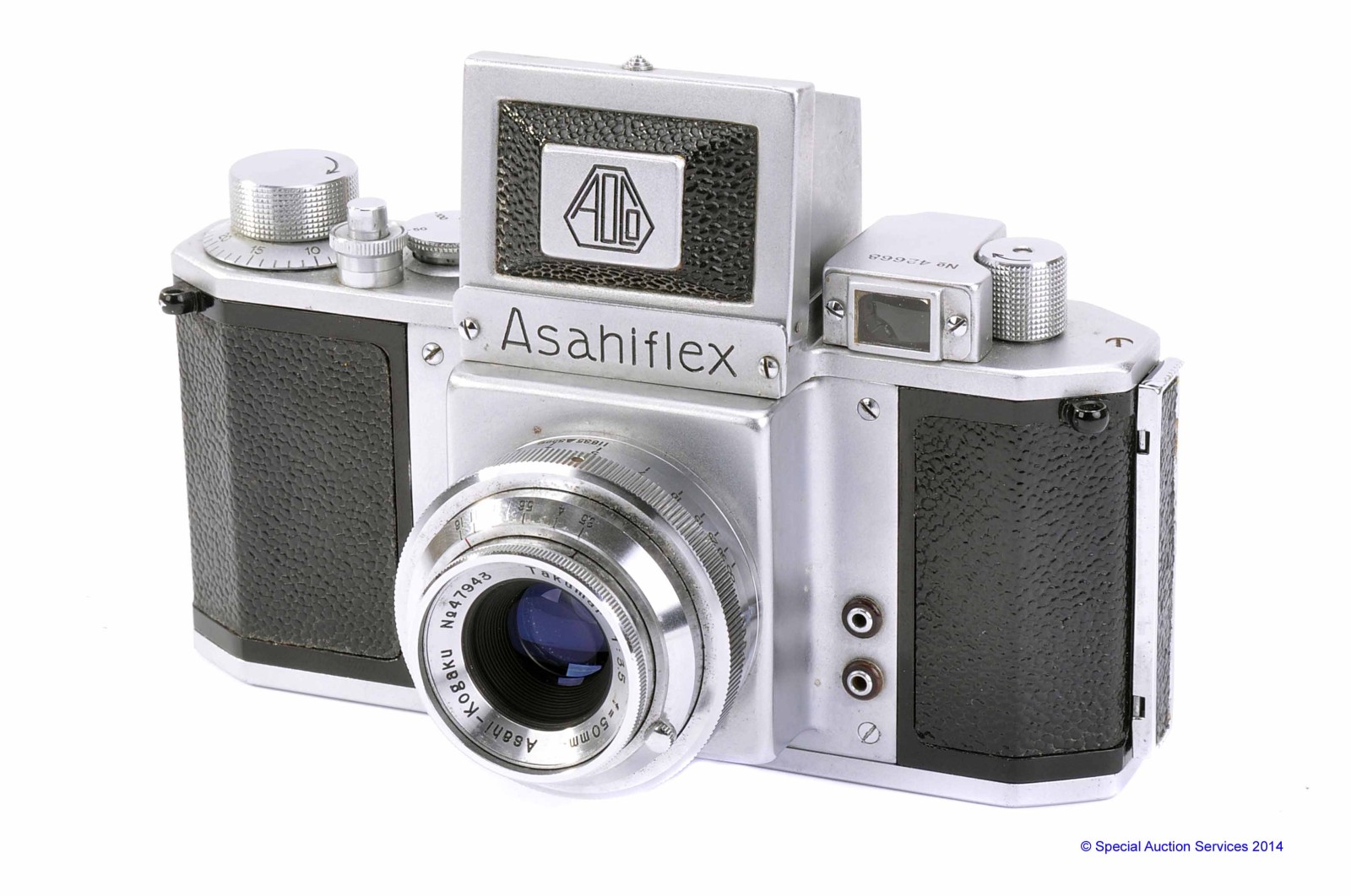 An Asahiflex SLR Camera, chrome, serial no. 42668, with Takumar f/3.5 50mm lens, serial no. 47943,