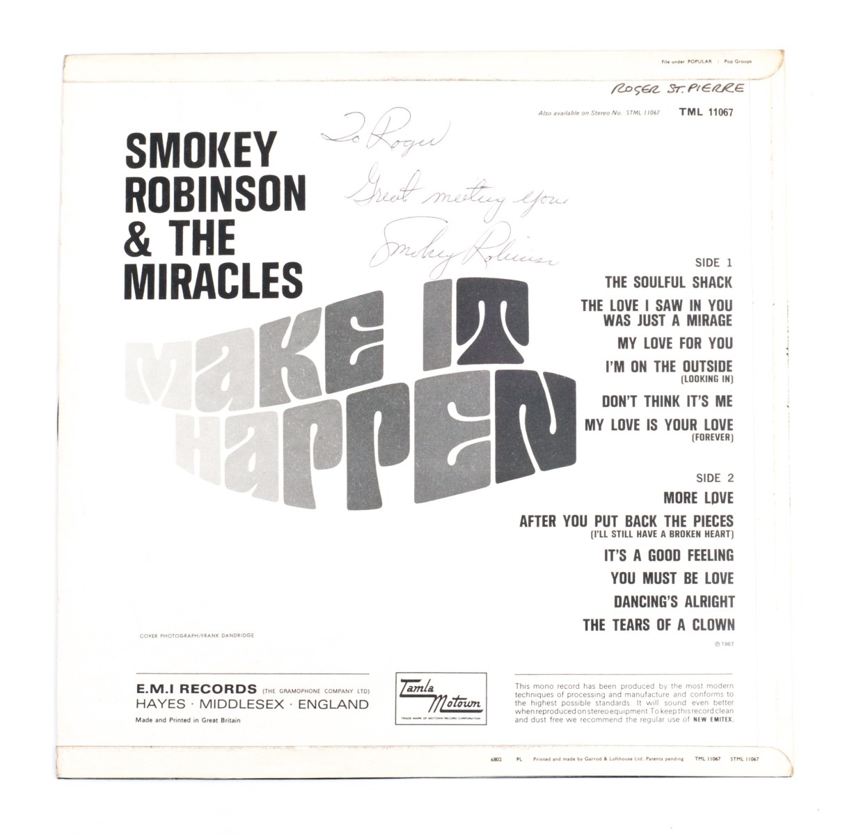 Smokey Robinson And The Miracles Autograph: Make It Happen - Tamla Motown TML 11067 UK 1967 album