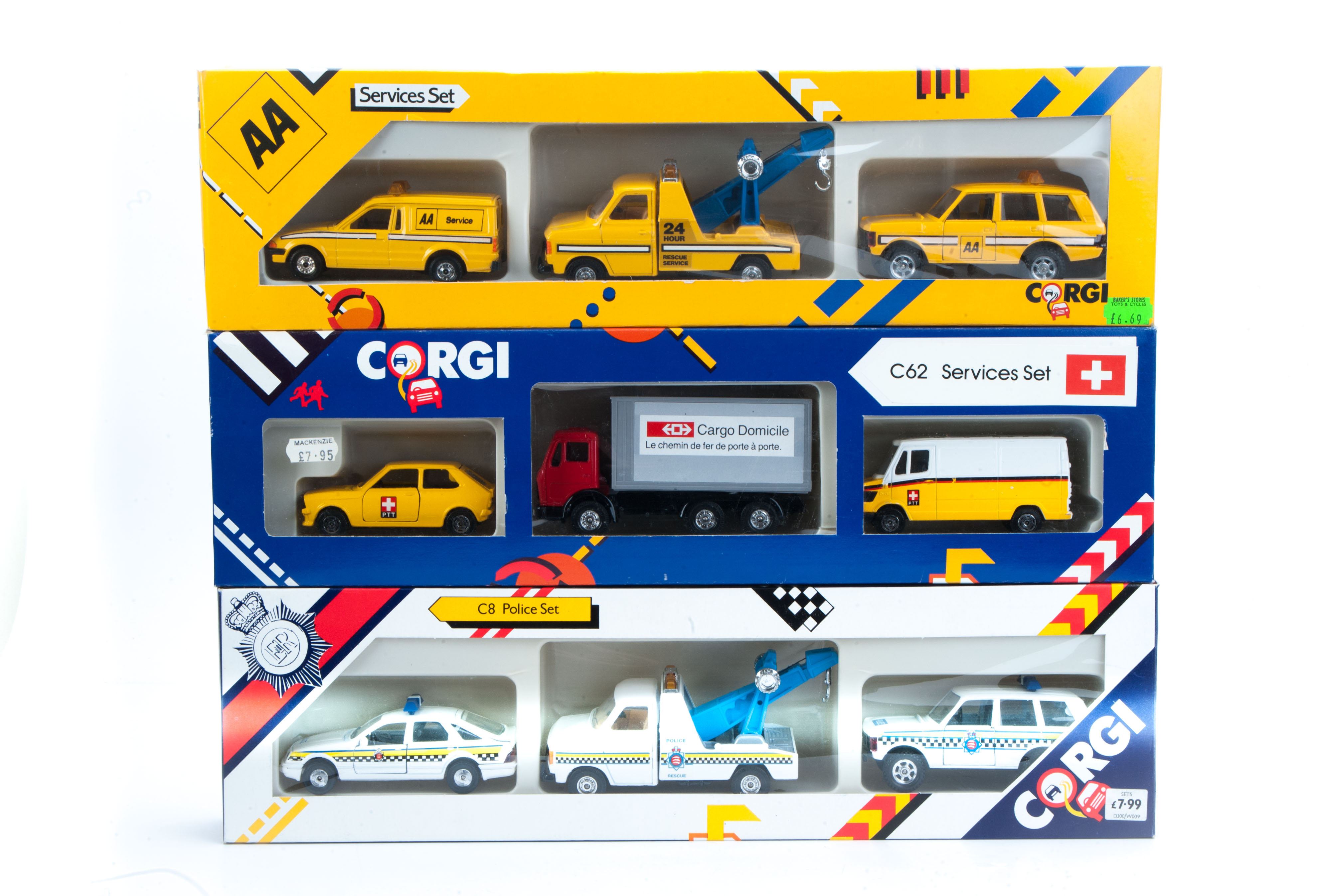 Corgi Toys C8 Police Set, C20 AA Services Set and C62 Swiss Services Set, in original boxes, E-M,
