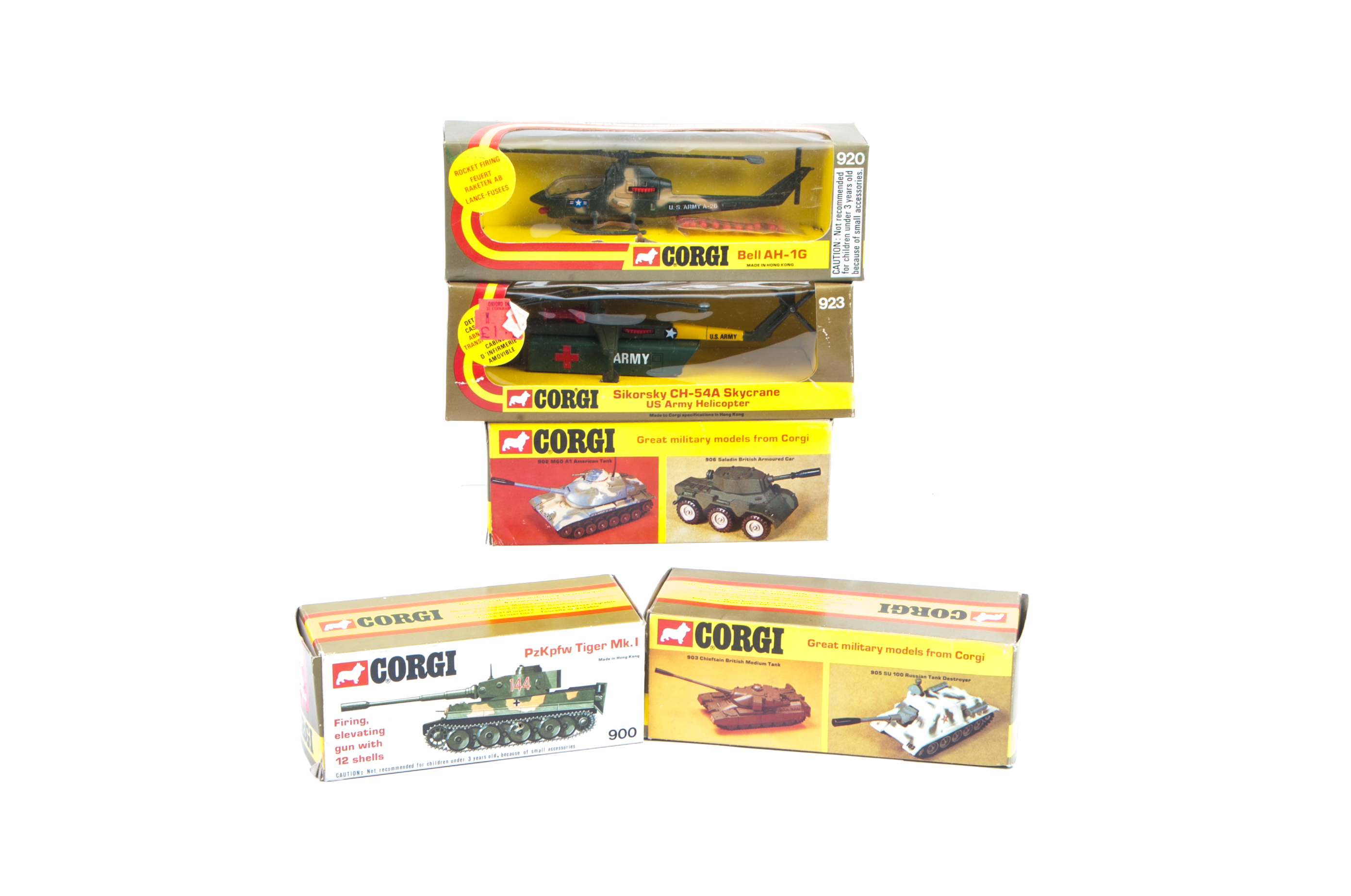 Military Corgi Toys, 920 Bell AH-1G Helicopter, 923 Sikorsky Skycrane US Army Helicopter, 904 King