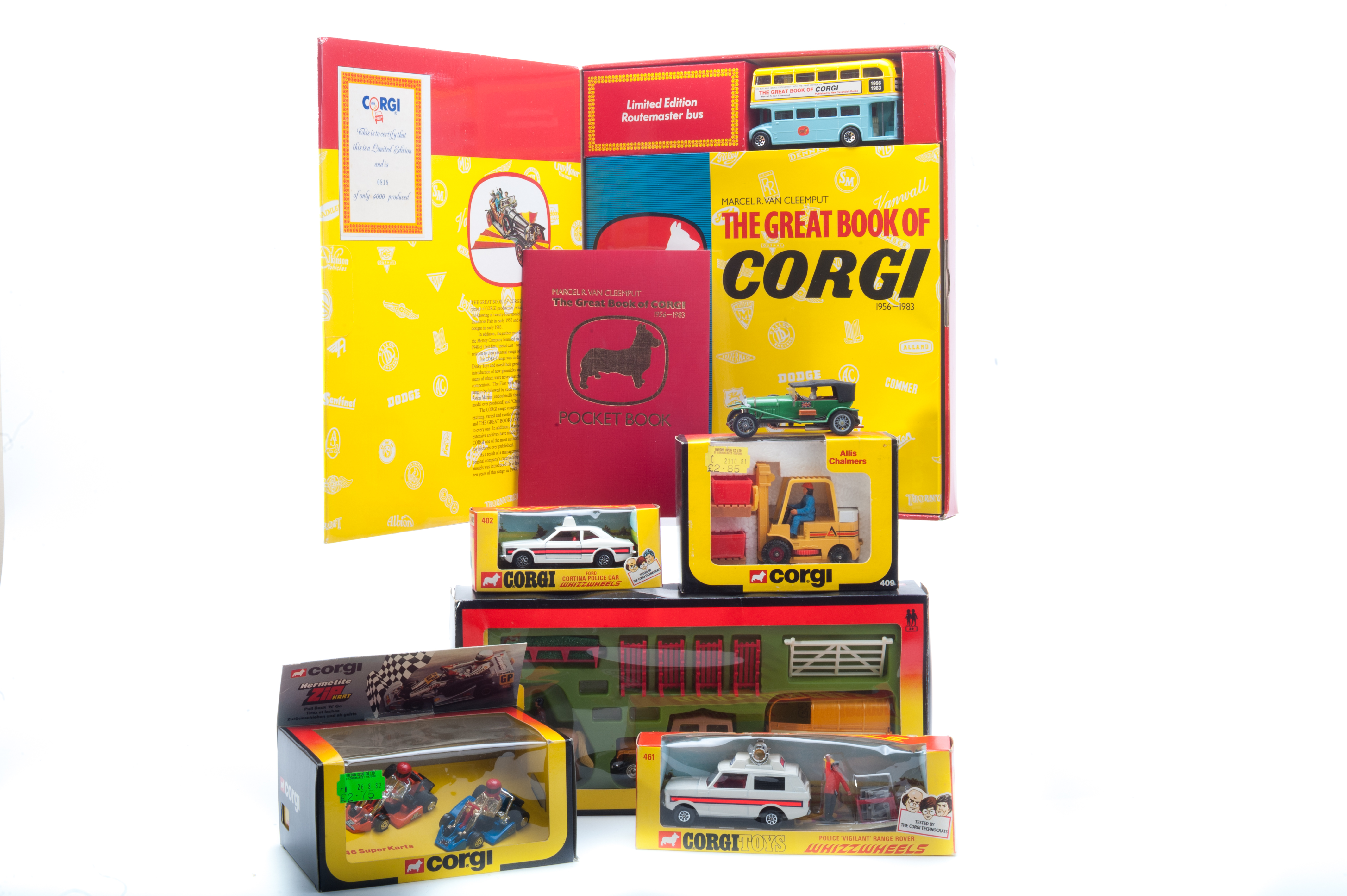 Corgi Toys: 409 Allis Chalmers, 46 Super Karts, 461 Police `Vigilant` Range Rover, 402 Ford