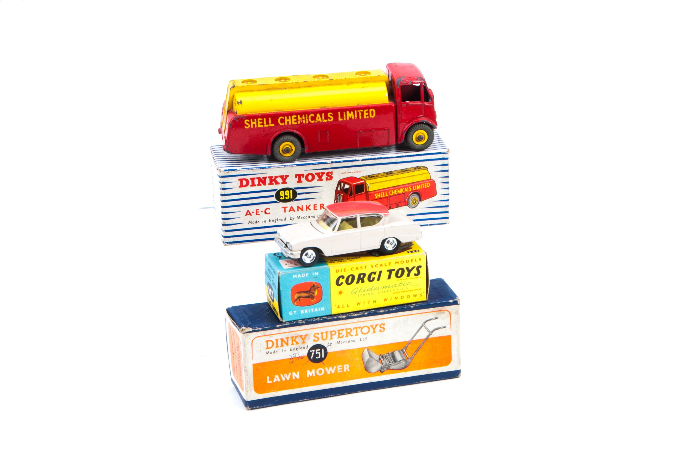 Dinky & Corgi Toys, Dinky 991 AEC Tanker, 751 Lawn Mower, Corgi 234 Ford Consul Classic, in original