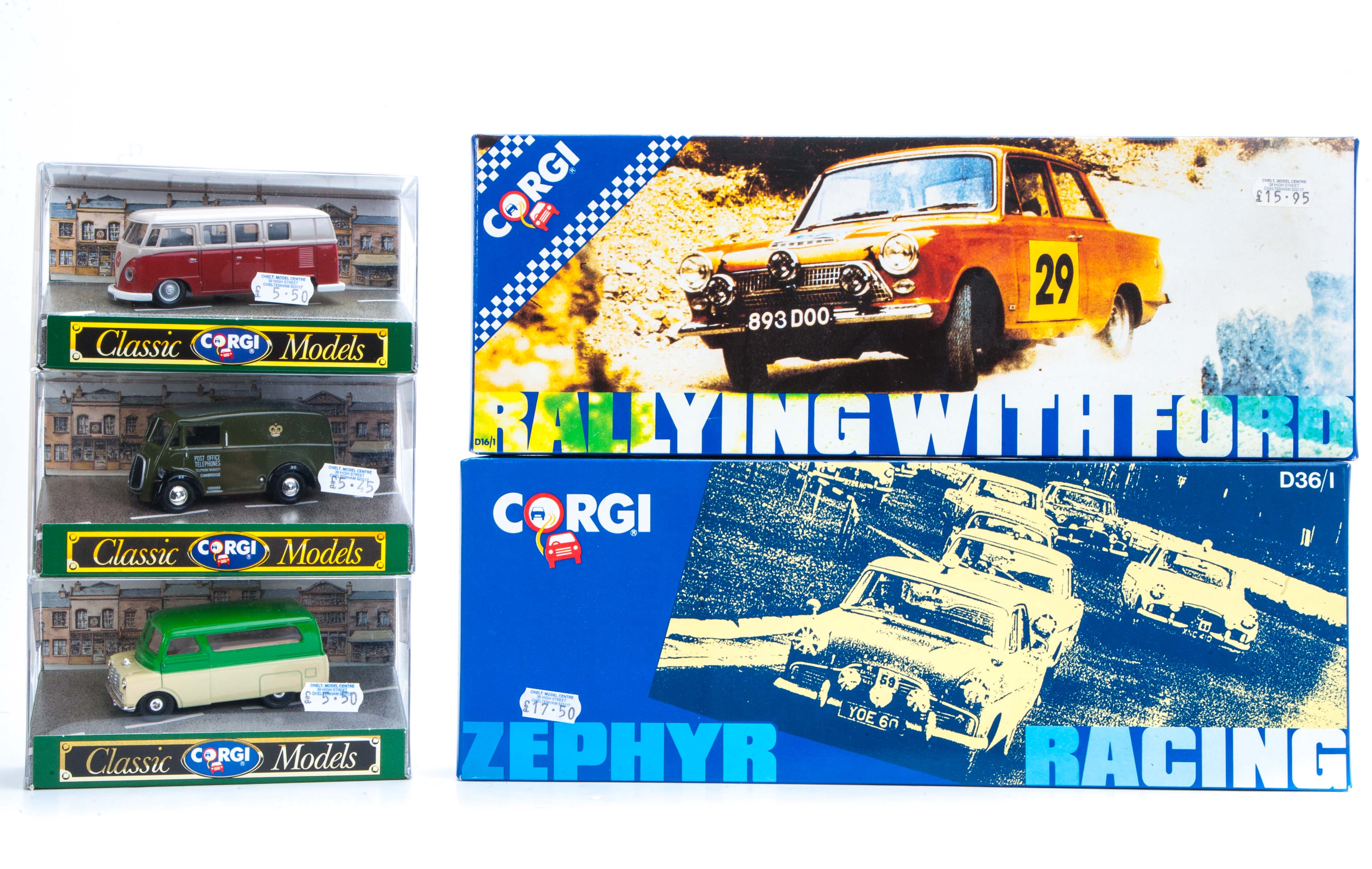 Corgi Toys, including D16/1 Rallying With Ford, D36/1 Zephyr Racing, D53/1 Four Rally Cars, green