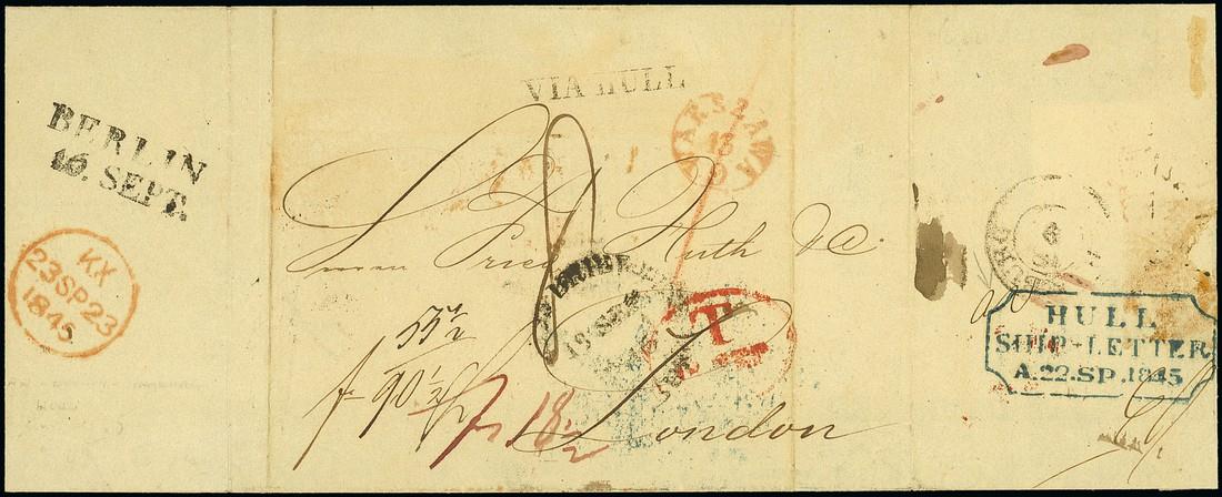 Great BritainPostal HistoryShip Letters - The Roy Waudby Collection of Hull1845 (13 Sept.) entire