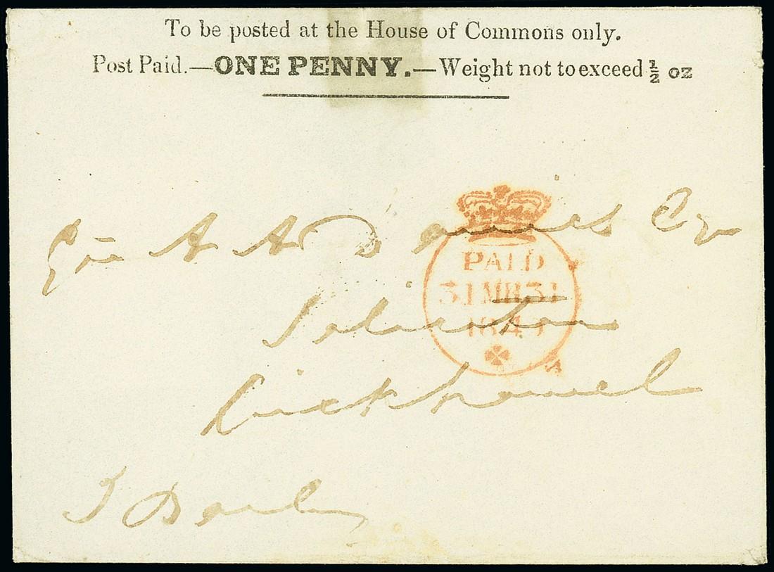 Great Britain1840 Parliamentary Envelopes"House of Commons"One Penny envelope, printed in black,