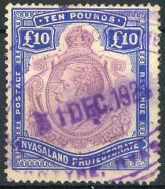 (x) NyasalandRevenue1913 MCA £10 purple and dull ultramarine, cancelled by large oval datestamp in