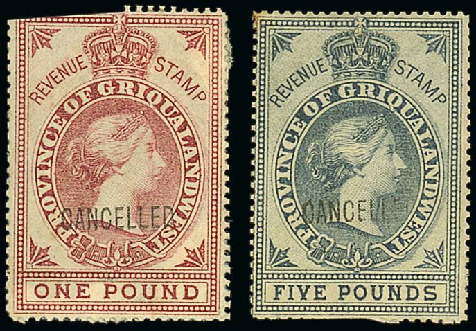 Griqualand West— 5/-, 10/-, £1 and £5, each handstamped "cancelled" (Type D7), no gum, all with