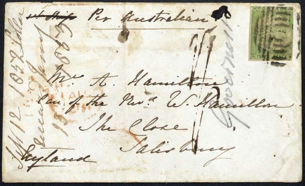 New South Wales1852 (17 Sept.) envelope from Sydney to Salisbury, marked "Per Australian", bearing