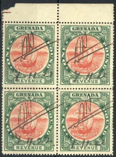 (x) Grenada1908 MCA £1 red and green marginal block of four with manuscript initials and date, the