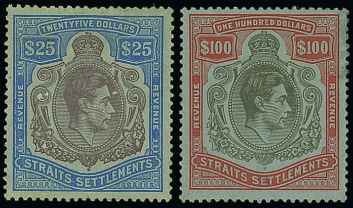 (x) MalayaStraits SettlementsRevenue1938 $25 purple and blue on blue and $100 black and red on blue,