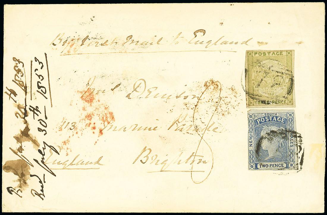 New South Wales1853 (3 Mar.) envelope from Cassilis to Brighton, bearing 1850 3d. yellow-green on