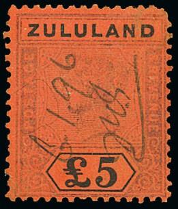 (x) Zululand1894 £1 purple and black on red, cancelled by manuscript initials and date, top right