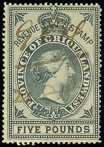 (x) Griqualand West— £5 blue with manuscript cancellation, fine. Rare. Barefoot 71. Photo  Subject