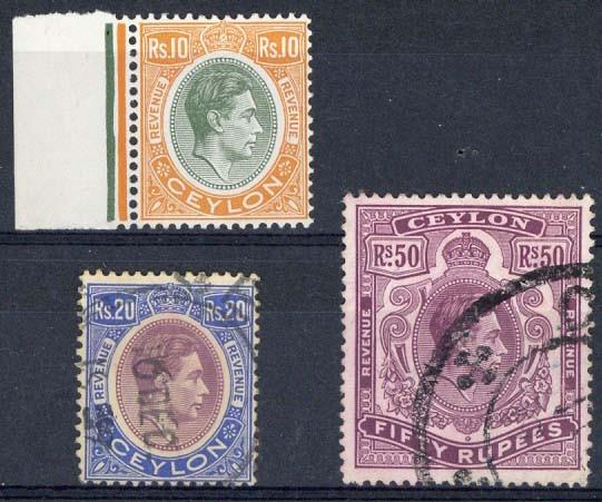 (x) CeylonRevenue1938 10r. green and orange with margin at left, fine unmounted mint, and 20r.