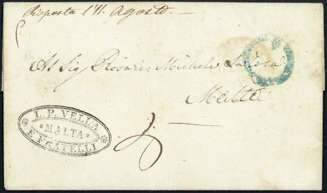 MaltaEarly Letters and Handstamps1850 (1 Aug.) entire letter from Italy showing manuscript "5",