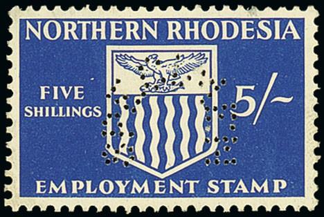 Northern RhodesiaEmployment1955 (c.) Employment Stamp 5/- blue, perforated "specimen" (B9) and