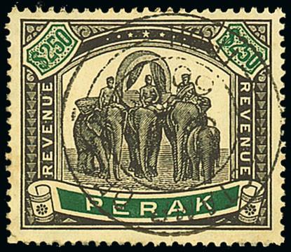 (x) MalayaPerakRevenue1949 $250 black and green, light central cancellation, fine. Barefoot 37.