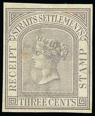 MalayaStraits SettlementsReceipt1869 3c. imperforate plate proof in lilac on watermarked paper, no