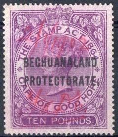 (x) Bechuanaland1903 £10 violet, cancelled in red ink manuscript, the odd minor imperfection, though