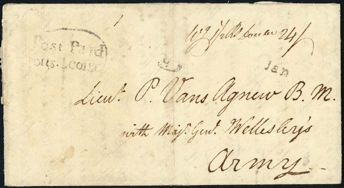 IndiaEarly Letters and Handstamps1803 (Dec.) entire from Madras to Lieut. P. Vans Agnew B.M. "with