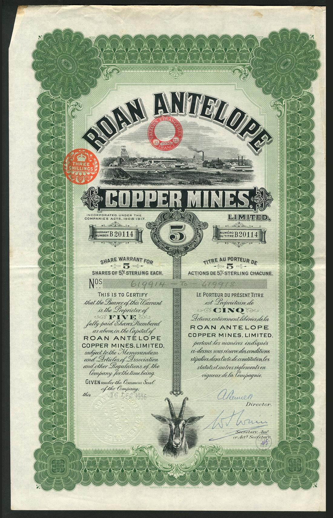 Roan Antelope Copper Mines Ltd., a set of 6 certificates for 1 share and 5 shares (5) of 5 shillings