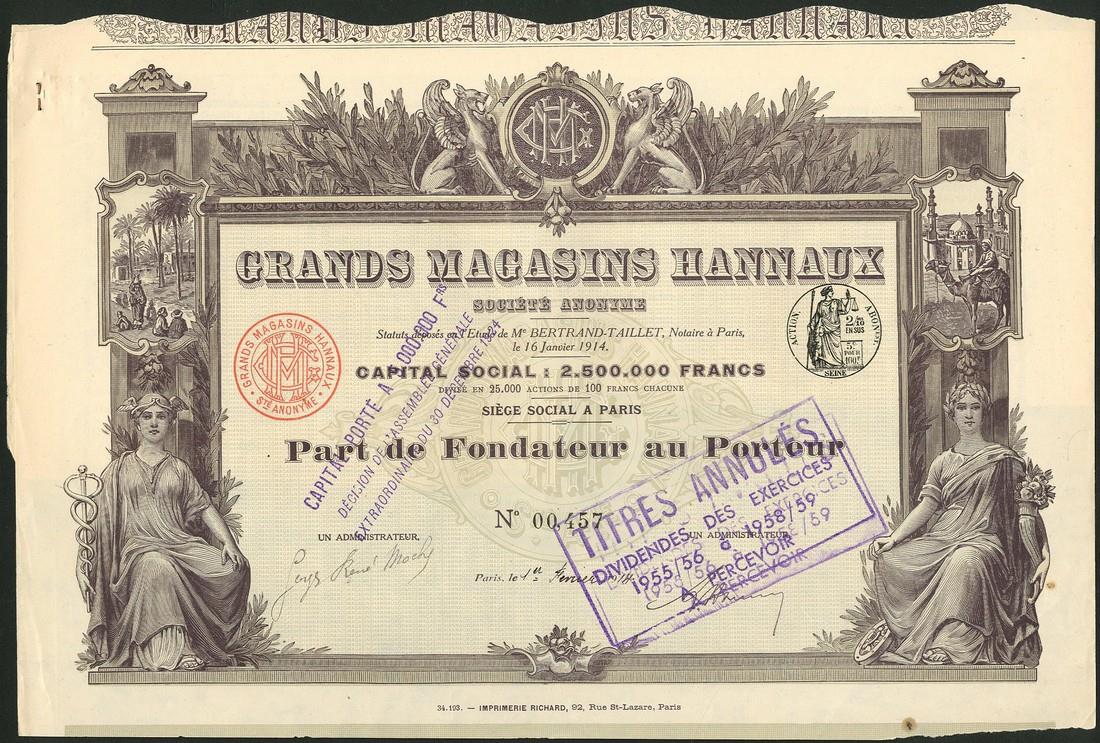 Soc. des Gds Magasins du Progres le Caire, 100 franc share, Paris 1907, very attractive design of - Image 2 of 4