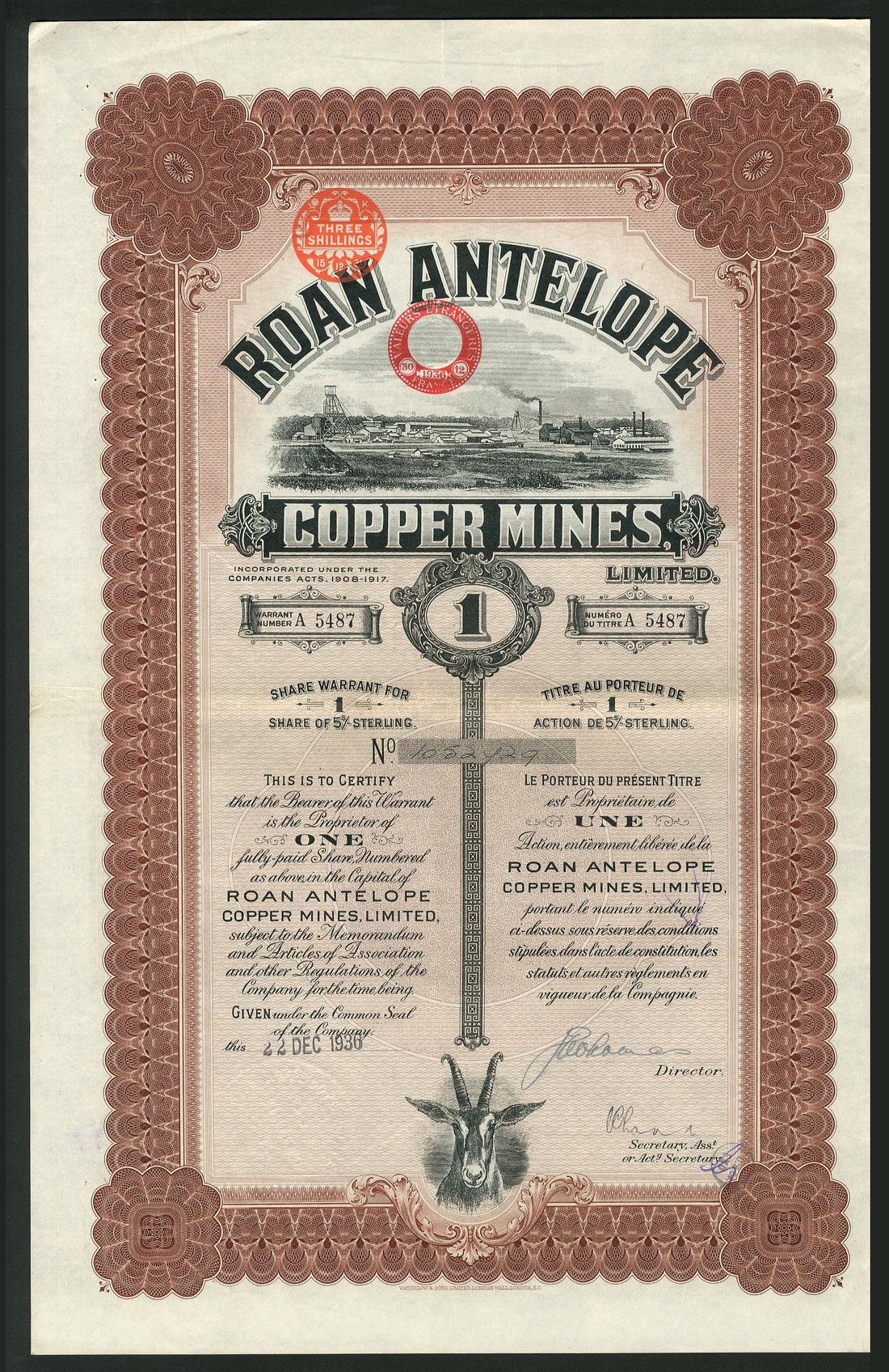 Roan Antelope Copper Mines Ltd., a set of 6 certificates for 1 share and 5 shares (5) of 5 shillings - Image 2 of 2