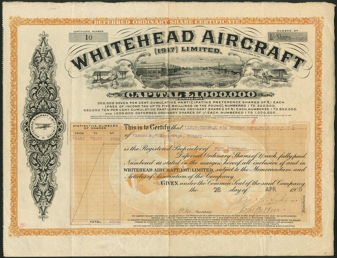 Whitehead Aircraft (1917) Limited, 1/- deferred ordinary shares, 19(18), signed by John Whitehead as