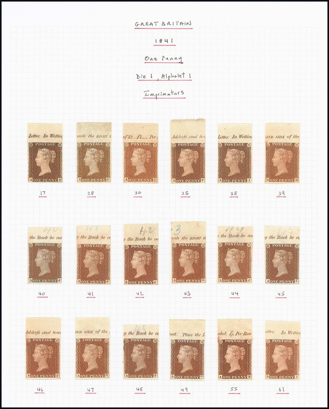 Great Britain1841 One Penny Red-BrownImprimatures Alphabet IA collection between plates 17 and 131