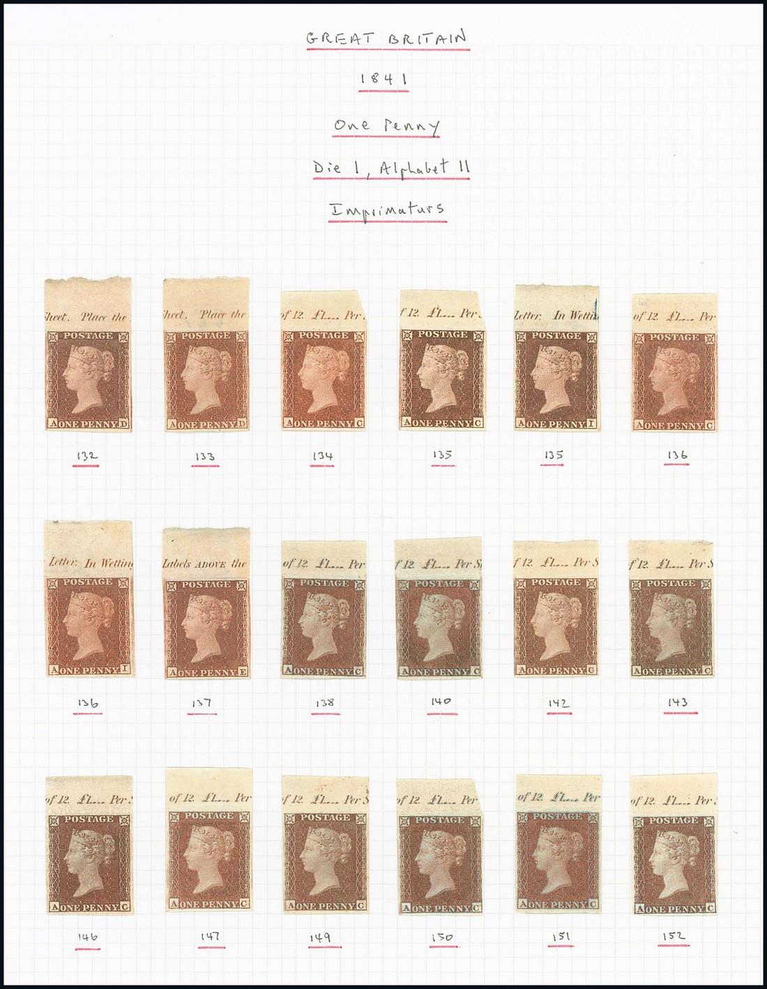 Great Britain1852-53 One Penny Red-BrownImprimatures Alphabet IIA collection between plates 132-