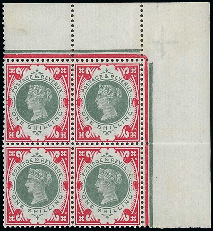 Great Britain1887-1900 Jubilee Issue1/- green and carmine top right corner block of four, mounted in