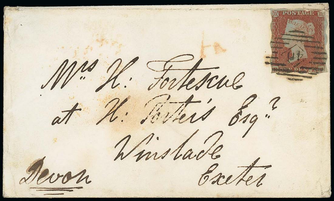 Great Britain1852-53 One Penny Red-BrownTreasury Roulette1854 (7 Jan.) envelope to Exeter bearing