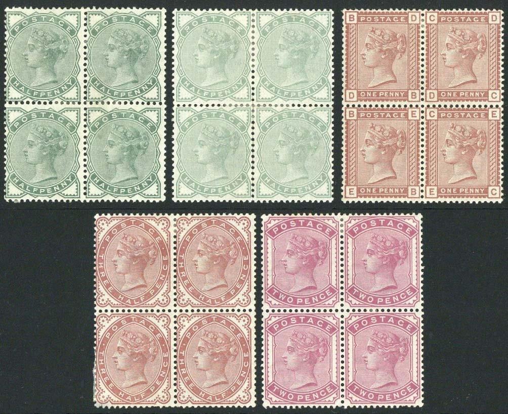 Great Britain1880-81½d. (both shades) to 2d. deep rose in blocks of four, part to large part