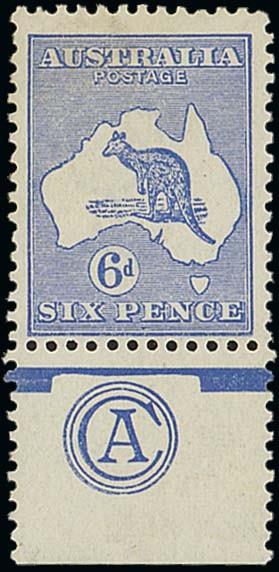 AUSTRALIAThe Kangaroo IssuesThird Watermark6d. ultramarine, Plate 1, Die II, a "CA" monogram single,