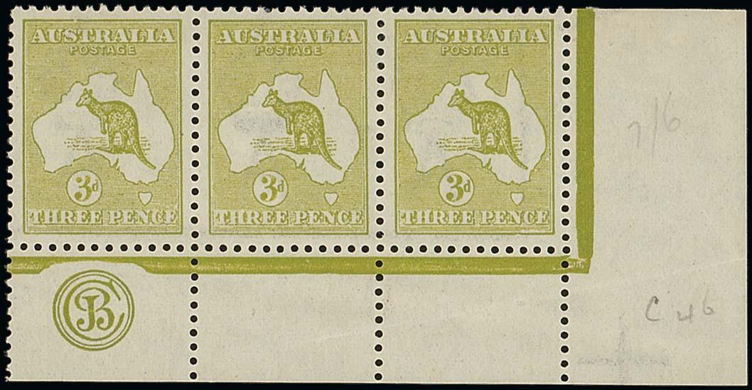 AUSTRALIAThe Kangaroo IssuesThird Watermark3d. olive-green, Plate 1, Die I, a lower right corner