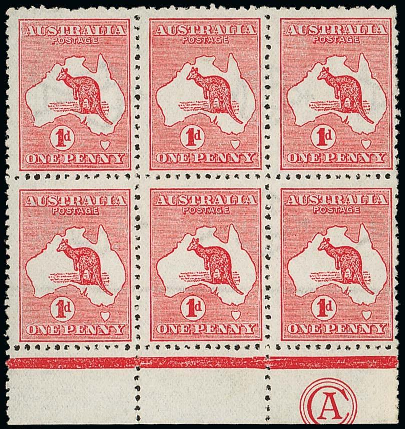 AUSTRALIAThe Kangaroo IssuesFirst Watermark1d. red Die I, a block of six (3x2) with "CA" monogram,