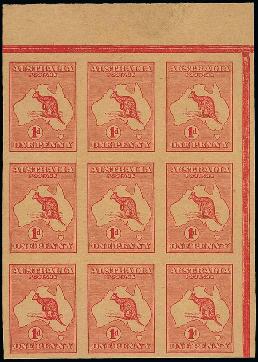 AUSTRALIAThe Kangaroo IssuesFirst Watermark1d. red Die I, an imperforate plate proof on thick buff