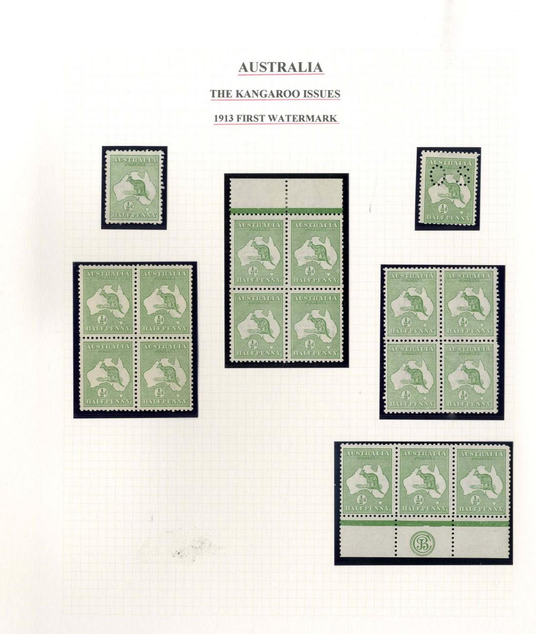 AUSTRALIAThe Kangaroo IssuesFirst Watermark½d. green, blocks of four (3, one marginal) a marginal