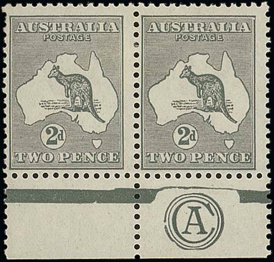 AUSTRALIAThe Kangaroo IssuesThird Watermark2d. grey Plate 1, Die I, a "CA" monogram pair, centred to