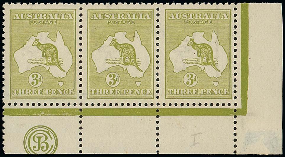 AUSTRALIAThe Kangaroo IssuesThird Watermark3d. olive-green, Plate 2, Die I, a lower right corner